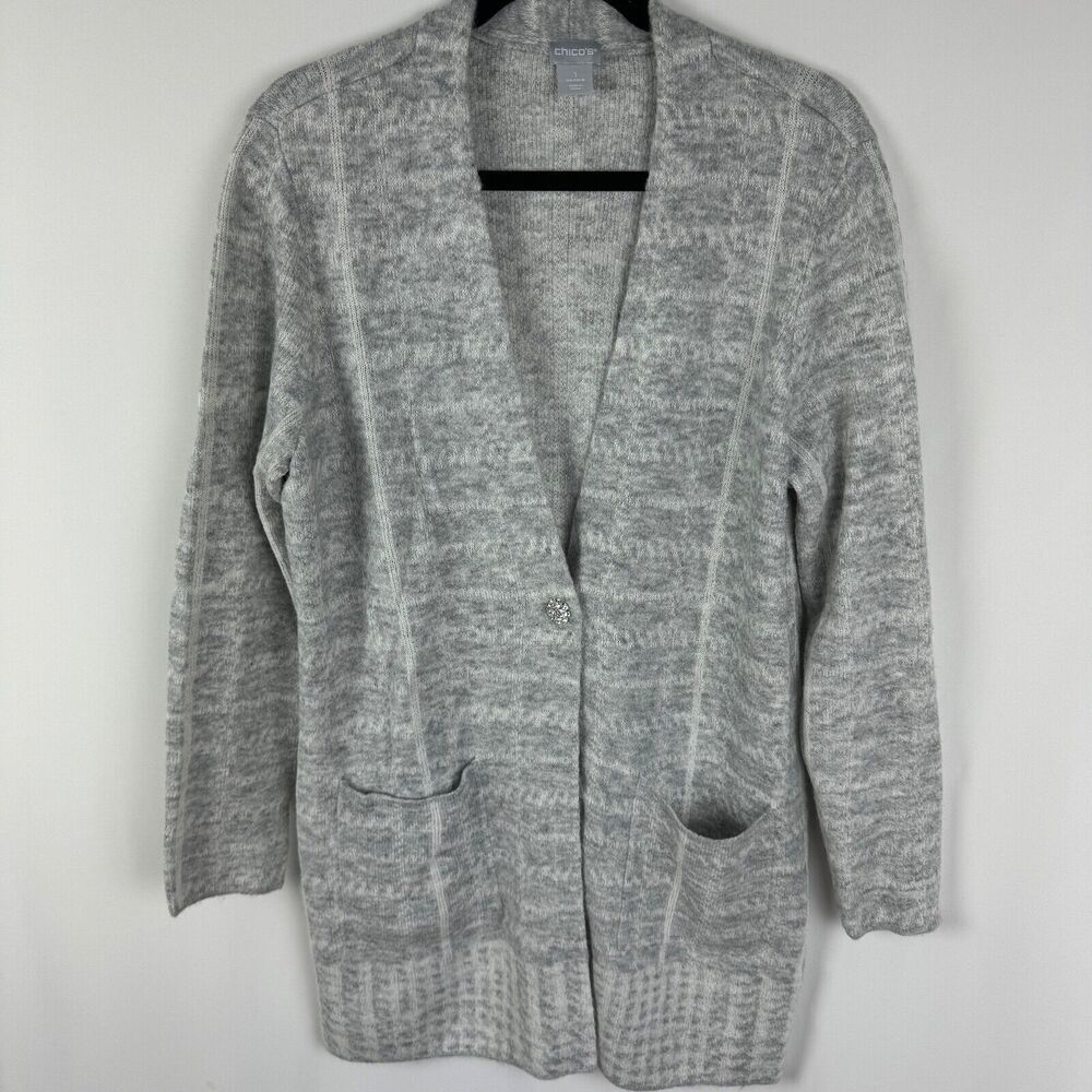 Chico's Cardigan Sweater Size 1 Medium Gray/White Striped Rhinestone button